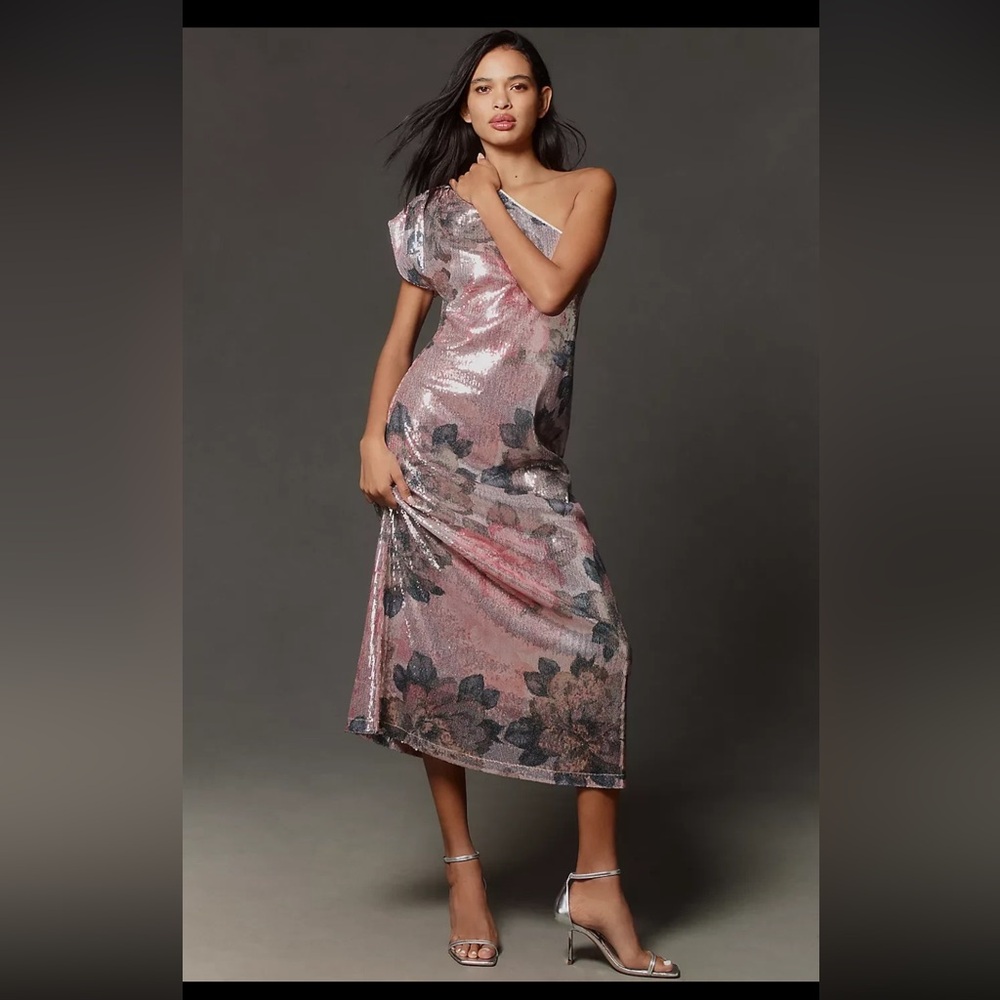 Anthropologie Shimmering Pink and Silver Floral Dress